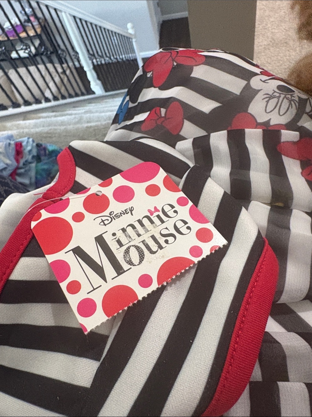 Disney Black & White Striped Minnie Mouse Dress with Red Trim and Colorful Bows - Picture 3 of 3